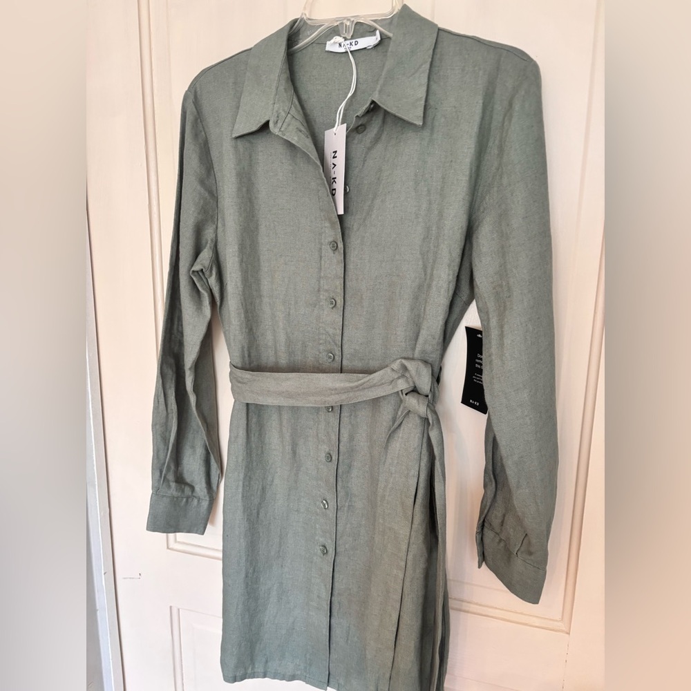 Business Casual Linen Button Front Wrap Dress Khaki Green